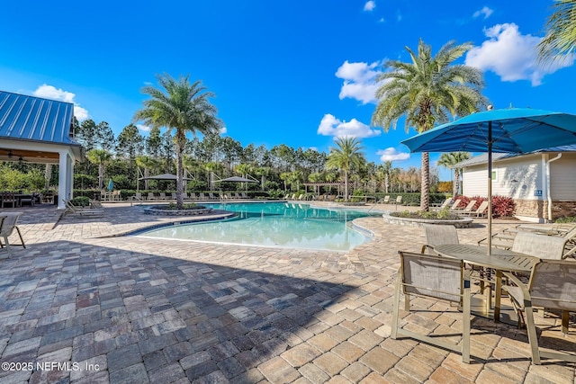 community pool with a patio area