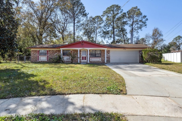 ranch-style house featuring a garage and a front yard