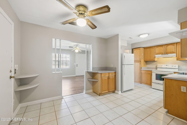 kitchen featuring white appliances, ceiling fan, and light tile patterned flooring