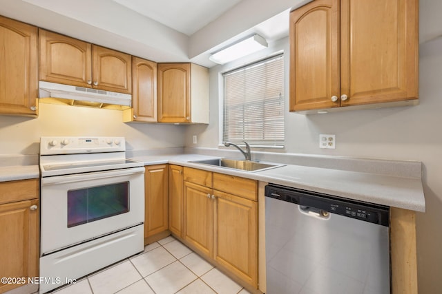 kitchen featuring stainless steel dishwasher, light tile patterned floors, sink, and white range with electric stovetop