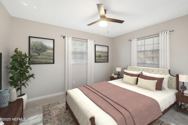 bedroom featuring multiple windows, carpet floors, and ceiling fan