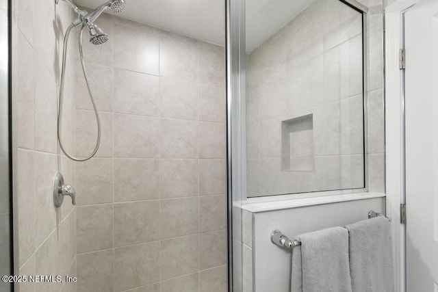 bathroom featuring a shower with shower door