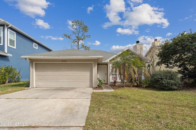 view of front facade featuring a garage, a front lawn, concrete driveway, and stucco siding