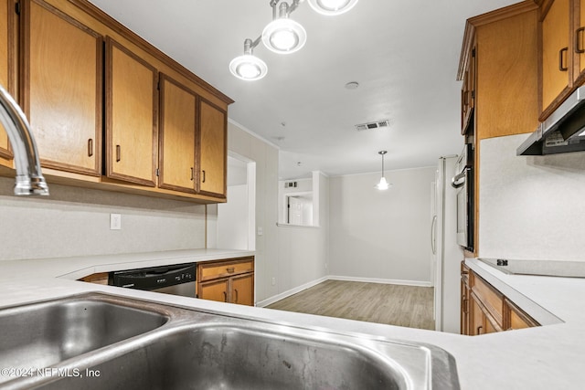 kitchen featuring dishwasher, wood-type flooring, sink, hanging light fixtures, and black electric cooktop