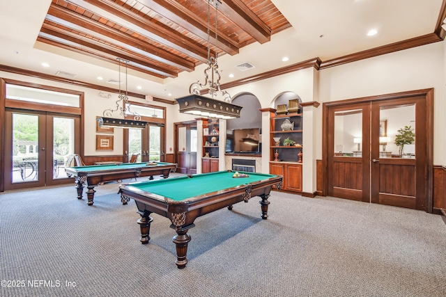 recreation room featuring french doors, billiards, carpet flooring, and beamed ceiling