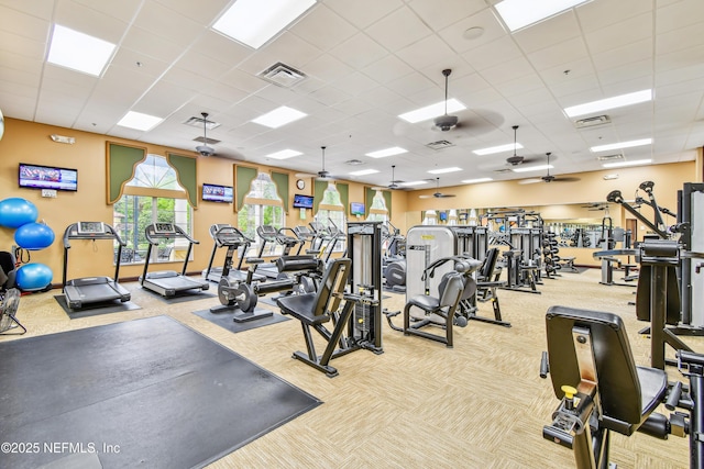 exercise room featuring ceiling fan, light colored carpet, and a drop ceiling