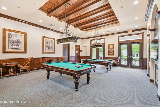 recreation room featuring carpet, billiards, wooden ceiling, and french doors