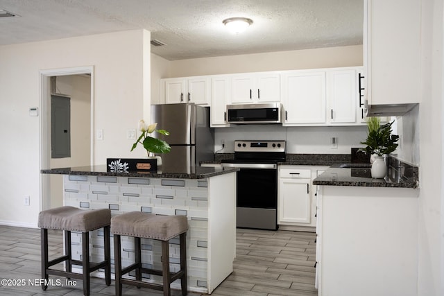 kitchen featuring white cabinetry, a kitchen bar, electric panel, kitchen peninsula, and stainless steel appliances