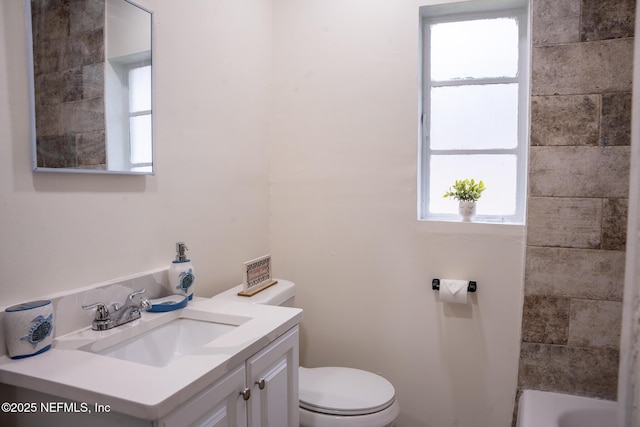 bathroom with vanity, a bathing tub, and toilet