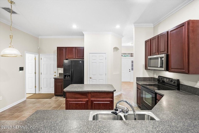 kitchen with hanging light fixtures, black appliances, crown molding, a kitchen island, and sink