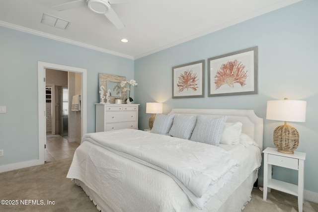 bedroom with visible vents, ornamental molding, light carpet, ceiling fan, and baseboards