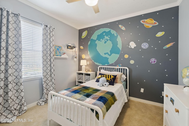 bedroom with baseboards, carpet floors, multiple windows, and crown molding