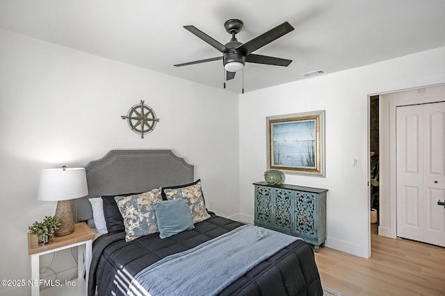 bedroom with ceiling fan and wood-type flooring