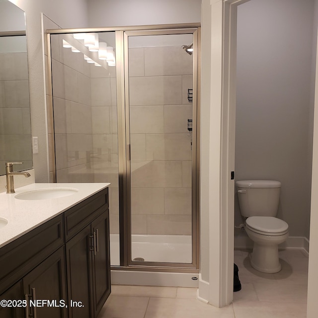 11107 Quasar Ct, Jacksonville, FL 32256 - bathroom with tile patterned floors, a sink, a stall shower, double vanity, and toilet