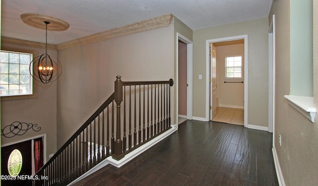 hall featuring dark hardwood / wood-style flooring, a notable chandelier, and a textured ceiling