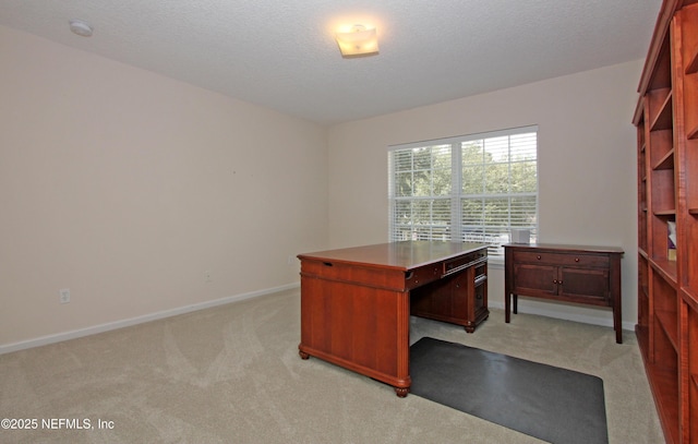 office space featuring light carpet and a textured ceiling