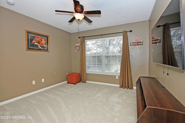 interior space featuring light carpet, ceiling fan, and a textured ceiling