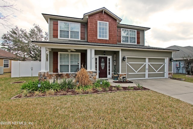 view of front of house featuring a garage, a porch, a front yard, and cooling unit