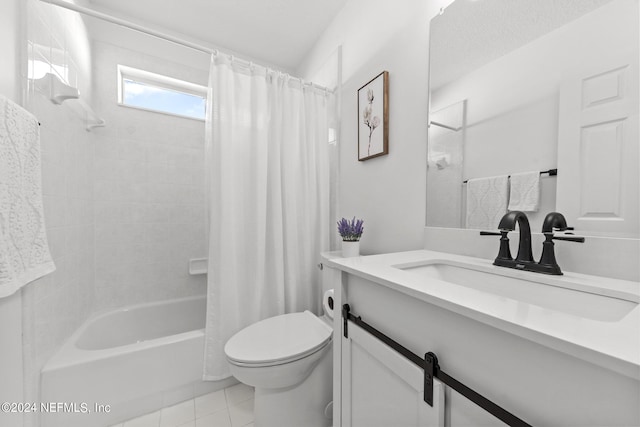 full bathroom featuring vanity, toilet, tile patterned flooring, and shower / bath combo with shower curtain