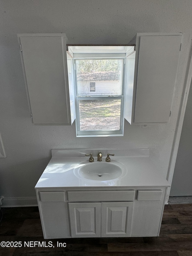 bathroom with vanity and wood-type flooring