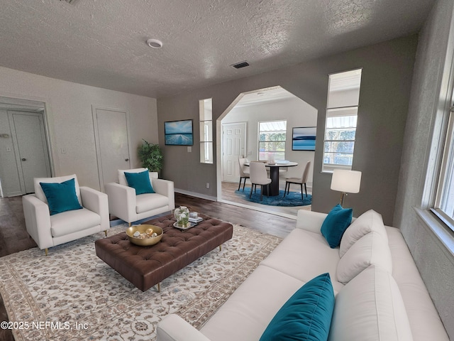 living room with wood-type flooring and a textured ceiling