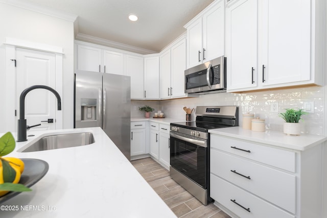 kitchen with white cabinetry, sink, decorative backsplash, and stainless steel appliances