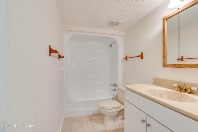 full bathroom with  shower combination, tile patterned flooring, vanity, a textured ceiling, and toilet