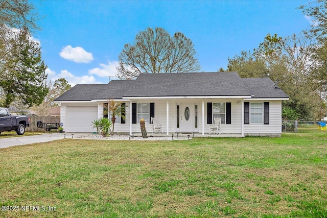 single story home featuring a garage, a porch, and a front lawn