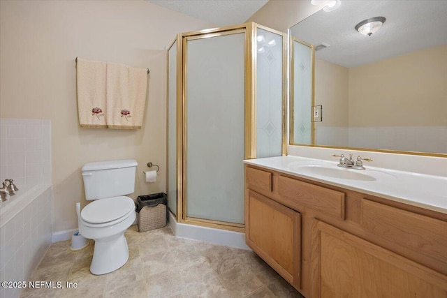 full bathroom featuring plus walk in shower, vanity, toilet, tile patterned floors, and a textured ceiling