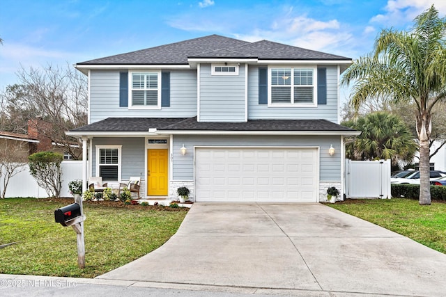 view of front of house with an attached garage, a shingled roof, fence, driveway, and a front yard