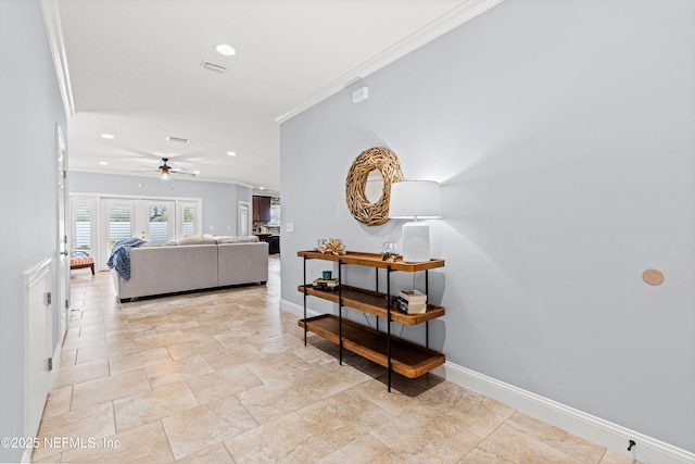 hallway with ornamental molding, recessed lighting, visible vents, and baseboards