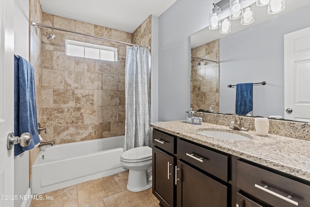 full bathroom with shower / bath combo, vanity, and toilet