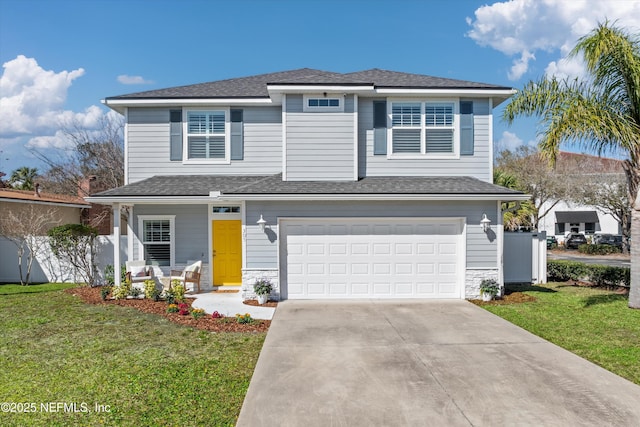 view of front of house featuring stone siding, a porch, and a front yard