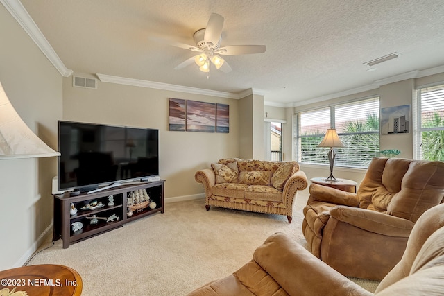 carpeted living room with ornamental molding, ceiling fan, and a textured ceiling