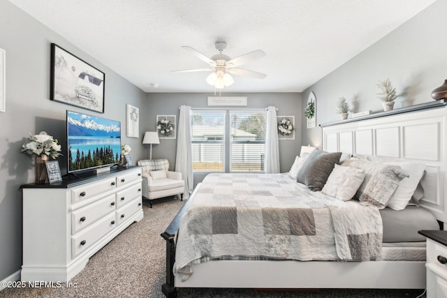 bedroom with light colored carpet and ceiling fan