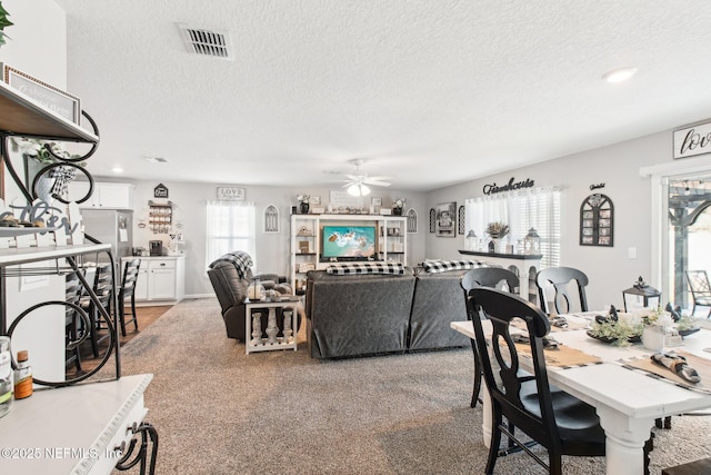 living room with ceiling fan, a textured ceiling, and carpet flooring