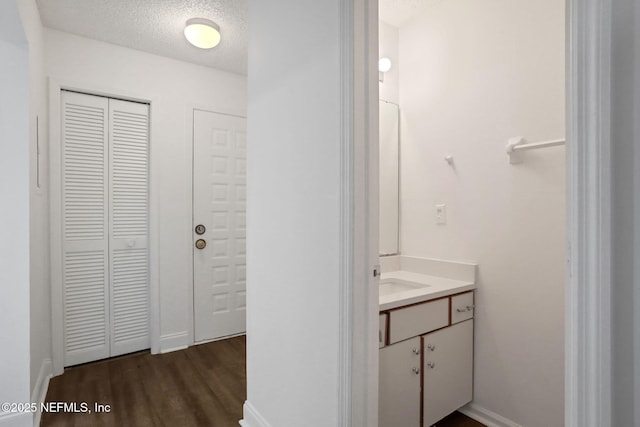 bathroom featuring wood-type flooring, vanity, and a textured ceiling