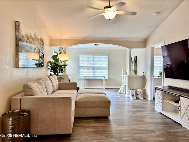 living room featuring ceiling fan, dark wood-type flooring, vaulted ceiling, and plenty of natural light