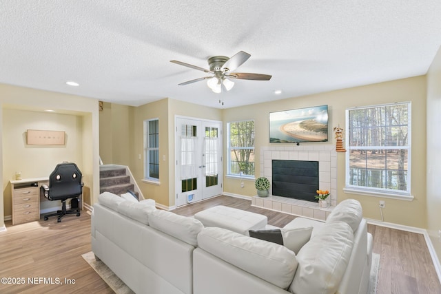 living room featuring a fireplace, light hardwood / wood-style floors, and a healthy amount of sunlight