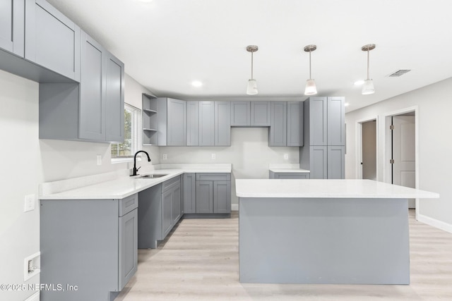 kitchen featuring gray cabinetry, a sink, visible vents, a center island, and open shelves