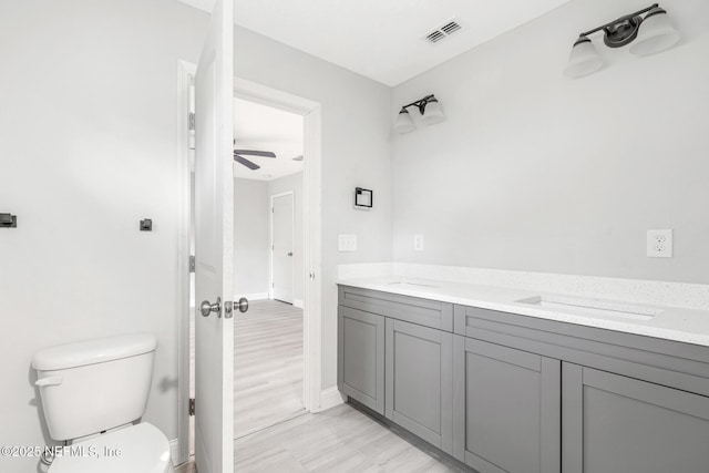 bathroom featuring visible vents, toilet, ceiling fan, a sink, and baseboards