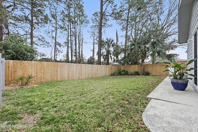 view of yard featuring a patio area and a fenced backyard