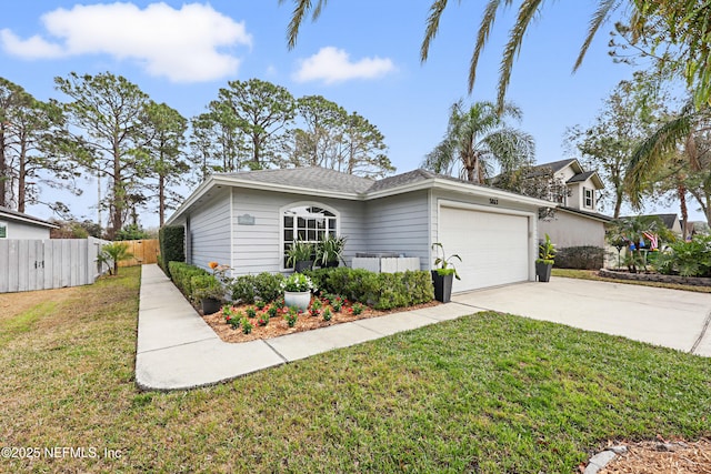 view of front facade featuring a garage, driveway, a front yard, and fence