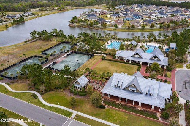 drone / aerial view featuring a water view