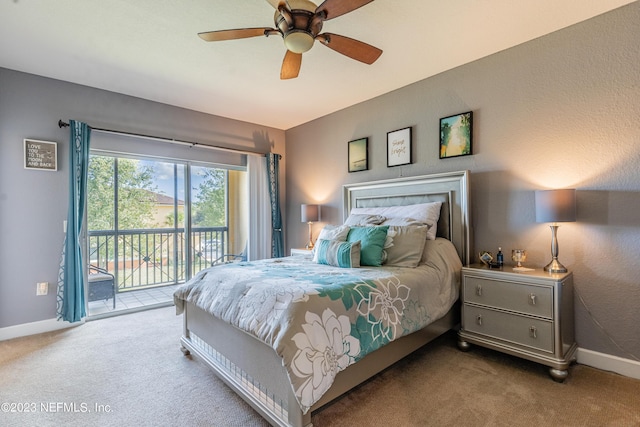 carpeted bedroom with ceiling fan, access to outside, and baseboards