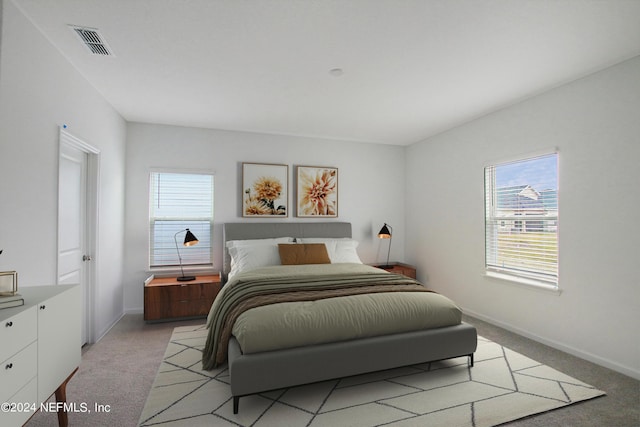 bedroom featuring light colored carpet