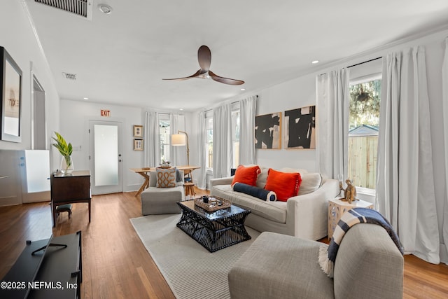 living room with light hardwood / wood-style floors and ceiling fan