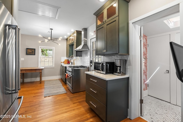 kitchen with wall chimney exhaust hood, tasteful backsplash, light hardwood / wood-style flooring, high quality appliances, and pendant lighting