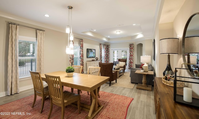 dining area with light hardwood / wood-style flooring, a raised ceiling, and a healthy amount of sunlight