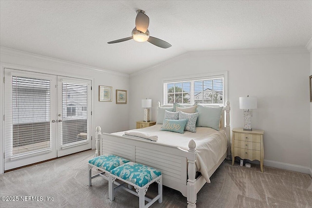 bedroom featuring ornamental molding, access to outside, carpet flooring, and lofted ceiling